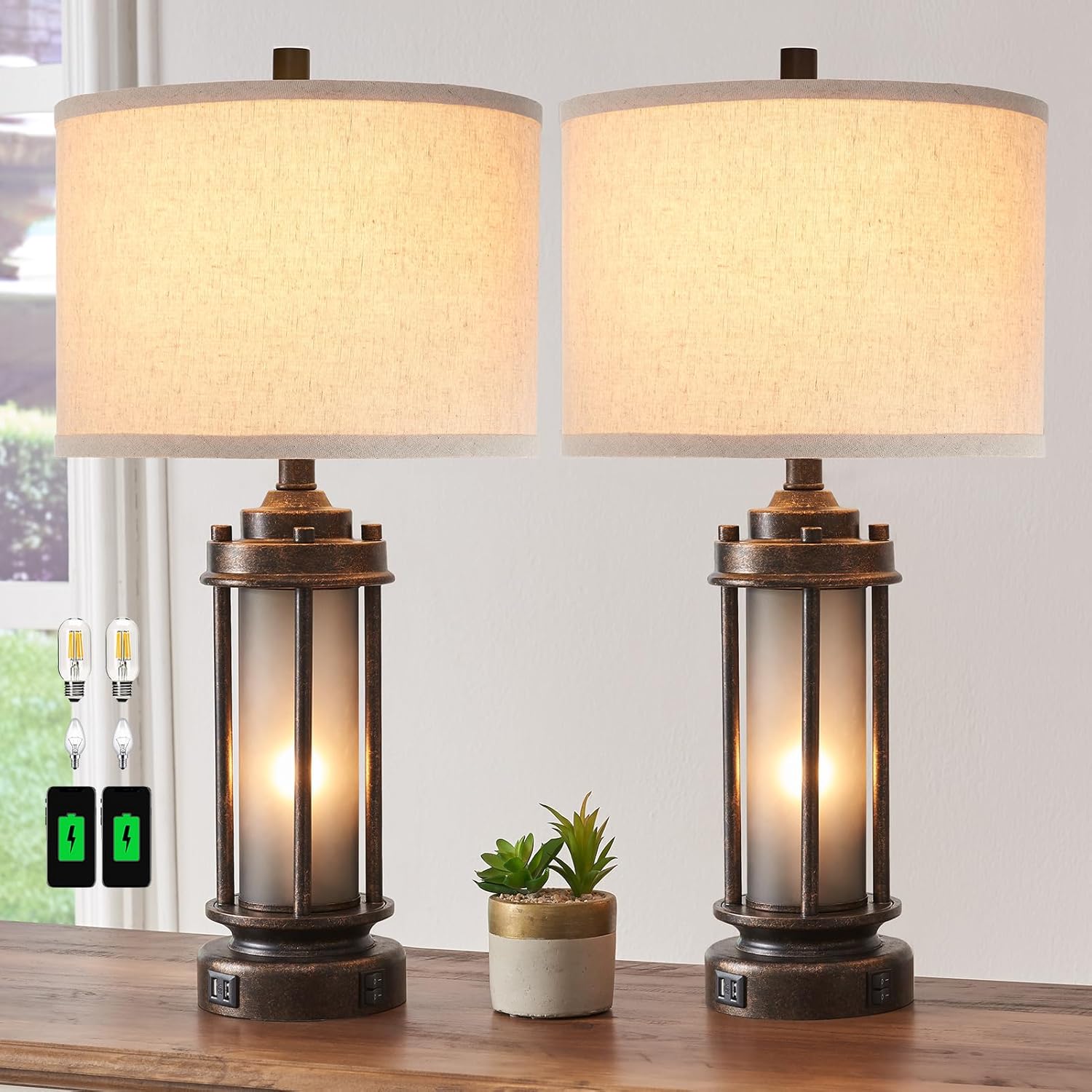 Solar Lamp - ชุดโคมไฟสไตล์ฟาร์มเฮาส์ 2 ชิ้น พร้อมพอร์ตชาร์จ USB สำหรับห้องนั่งเล่น
