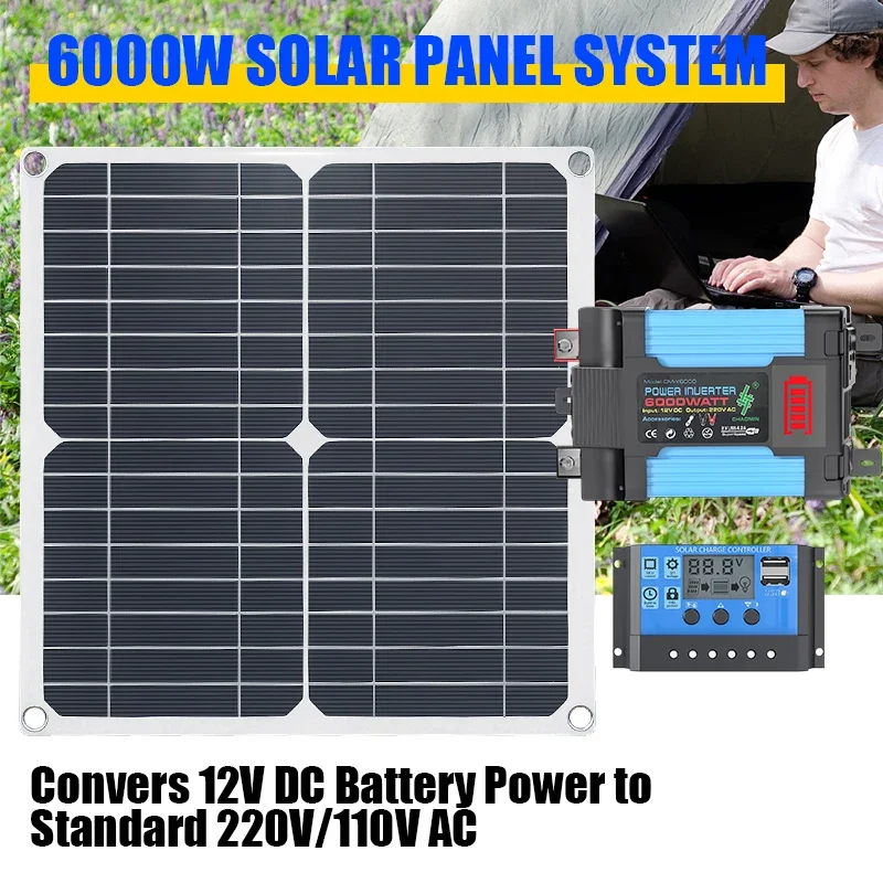 Solar Panel 200W - ชุดโซลาร์เซลล์ 6000W มาพร้อมแผงโซลาร์เซลล์ 200W และคอนโทรลเลอร์ เหมาะสำหรับใช้เป็นแหล่งจ่ายไฟฉุกเฉินสำหรับรถบ้านและรถแคมป์ปิ้ง